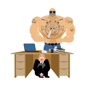 Businessman scared under table of robber. frightened business man under work  스톡 일러스트