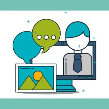 Businessman on screen computer speech bubble digital marketing Illustrazione stock