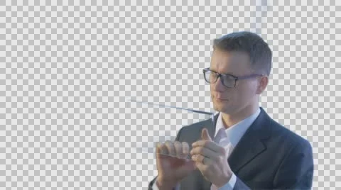 Businessman Scrolls Clicks a Virtual Tablet Seriously Working on Forex Exchange Stock Footage 61114061