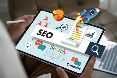 Businessman Search engine optimization, SEO Marketing on a tablet screen Stock Photos