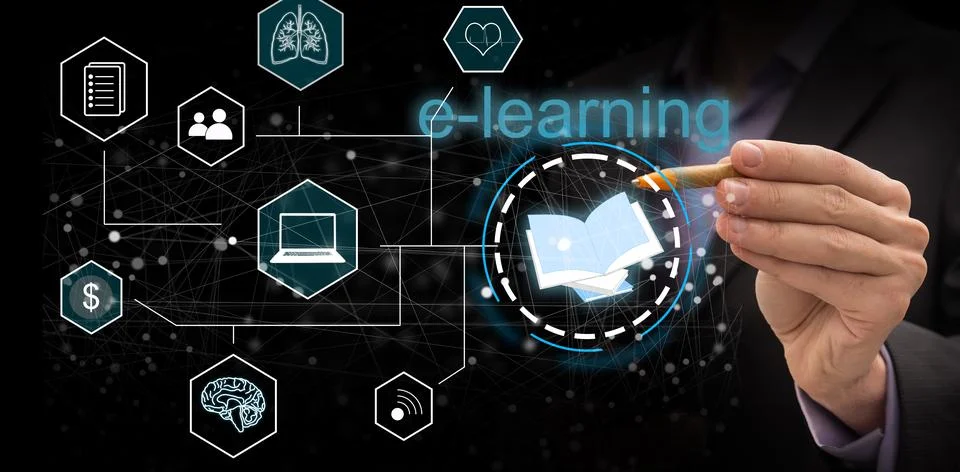 Businessman is selecting E-learning on the virtual screen. Stock Photos