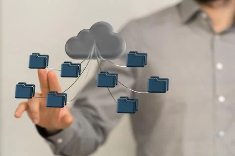 Businessman selecting from a render of a cloud with connected folder icons Stock Photos