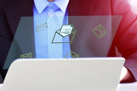 Businessman send and receive e-mail and business newsletter. Stock Photos