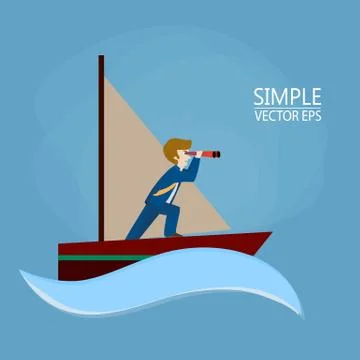 A businessman on a ship is looking for a way forward. Stock Illustration