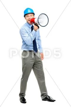 Businessman shouting with megaphone on white background Stock Photos