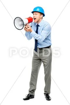Businessman shouting with megaphone on white background Stock Photos