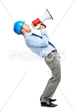 Businessman shouting with megaphone on white background Stock Photos
