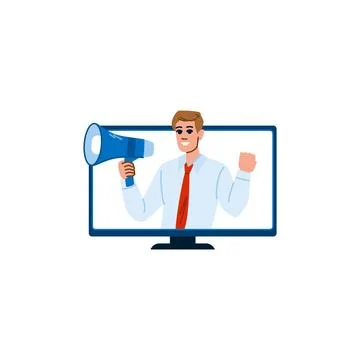 Businessman shouting through megaphone on computer screen announcing big news Stock Illustration