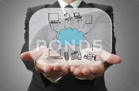 Businessman show cloud network on glass board Stock Illustration