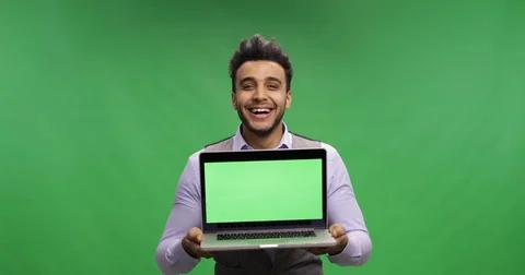 Businessman Show Empty Display Of Laptop Computer With Chroma Key Green Screen Stock Footage