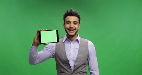 Businessman Show Empty Display Of Tablet Computer With Chroma Key Green Screen Stock-Footage 76039470