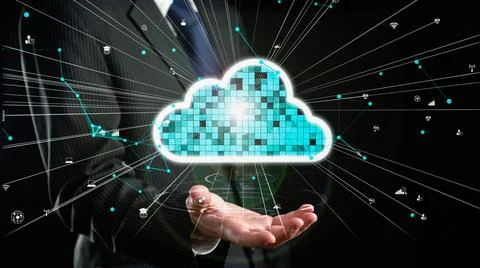 Businessman show hologram of cloud computing network allusive technology Stock Photos