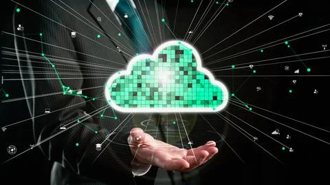Businessman show hologram of cloud computing network allusive technology Stock Photos