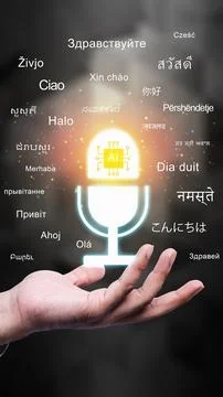 Businessman showing an artificial intelligence language translation. Glowin.. Stock Photos