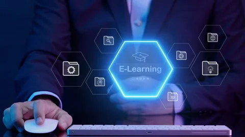 Businessman showing e-learning icons on virtual screen. Stock Footage 247873259