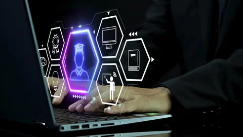 Businessman showing e-learning icons on virtual. Concept of online education Stock-Footage 252345729