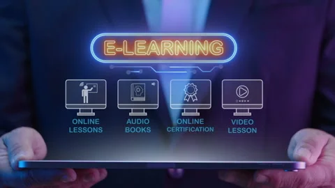 Businessman showing e-learning icons on virtual. Concept of online education Stock Footage 252345759
