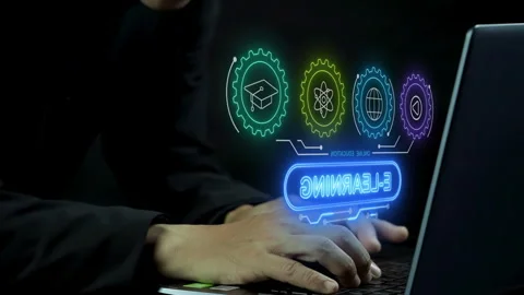 Businessman showing e-learning icons on virtual. Concept of online education Stock-Footage 252345795