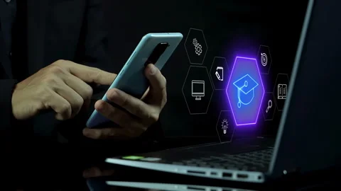 Businessman showing e-learning icons on virtual screen. Stock-Footage 255701381
