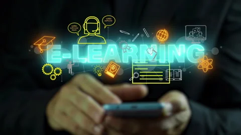 Businessman showing e-learning icons. Concept of online education Stock Footage 256023185