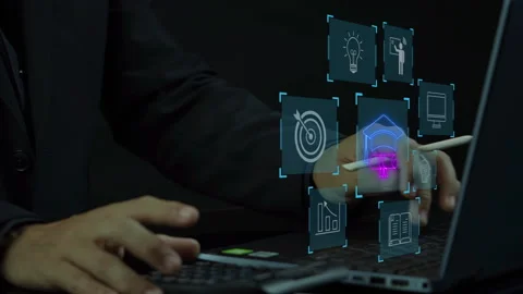 Businessman showing e-learning icons on virtual screen. Stock Footage 261138920
