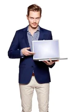 Businessman is showing something on a computer Stock Photos