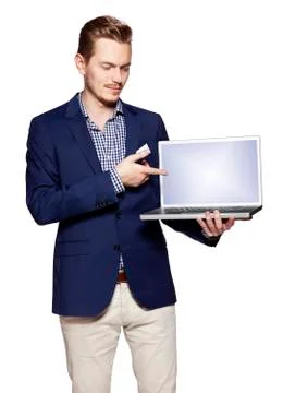 Businessman is showing something on a computer Stock Photos