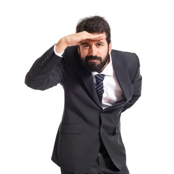 Businessman showing something over white background Stock Photos