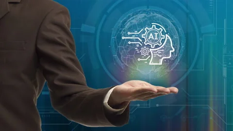 Businessman showing virtual screen of AI artificial intelligence icon. 스톡 동영상 235739853