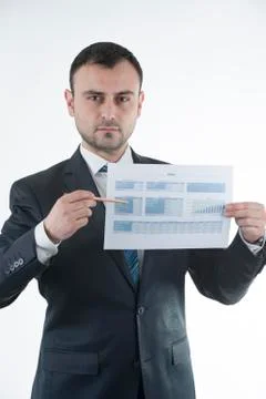 Businessman shows budget chart Stock-Fotos