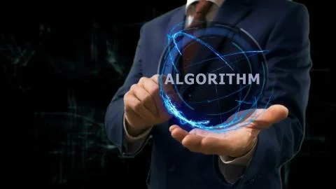 Businessman shows concept hologram Algorithm on his hand 写真素材