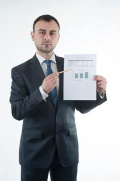 Businessman shows loan chart Stockfoto's