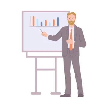 Businessman shows presentation with graphs a flat vector isolated illustration Stock Illustration