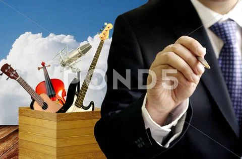 Businessman sign contract with musical artist Stock Illustration