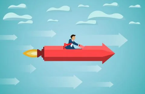 Businessman sit on red rocket arrow fly on sky go to success goal. creative i Stock Illustration