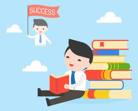 Businessman sit at stack of books, read a book and dreaming about success Stock Illustration