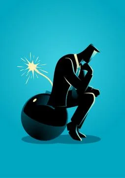 Businessman sitting on a bomb while thinking Stock Illustration