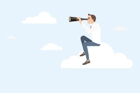 Businessman sitting on a cloud using telescope 库存插图