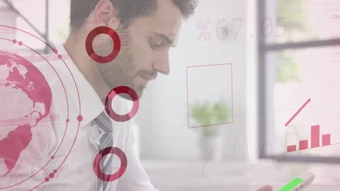 Businessman sitting at desk tapping tablet, analyzing and activating globe, Stock Footage 333610078