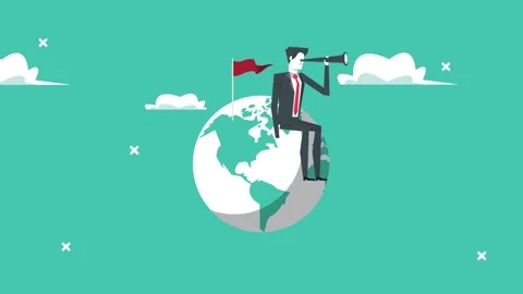 Businessman sitting on globe looking through telescope with red flag on pea.. Stock Footage 333545293