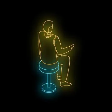 Businessman sitting on a high stool using a smartphone neon sign Illustrazione stock
