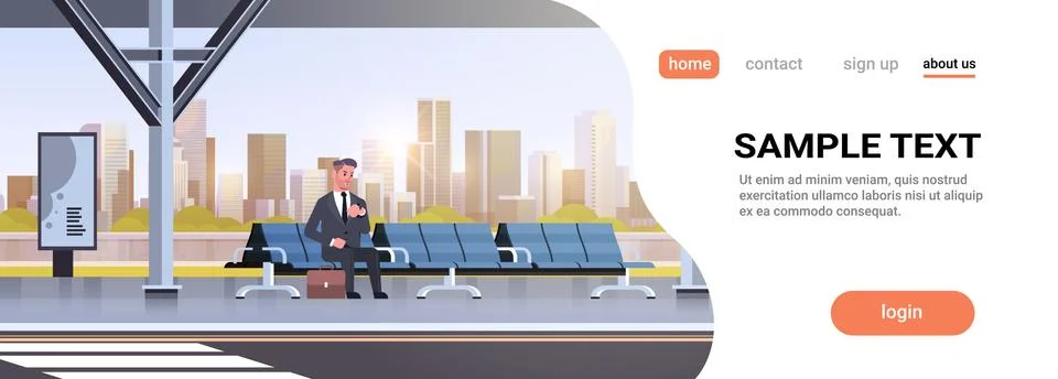 Businessman sitting modern bus stop business man with suitcase waiting public Ilustración de archivo