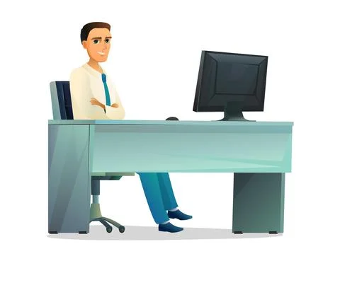 Businessman sitting in office at table with computer. Guy in shirt and tie. M イラスト素材