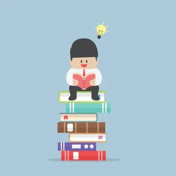 Businessman sitting on the stack of book and read it Illustrazione stock