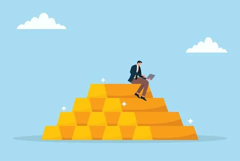 A businessman sitting on a stack of gold bars working laptop Stock-Illustration
