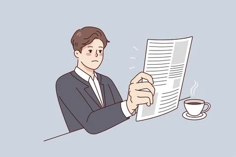 Businessman sitting at table drinking coffee reading newspaper in morning. Illustrazione stock