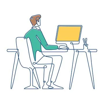 Businessman Sitting Working in Workspace Using Laptop Filled Continuous Lin.. イラスト素材