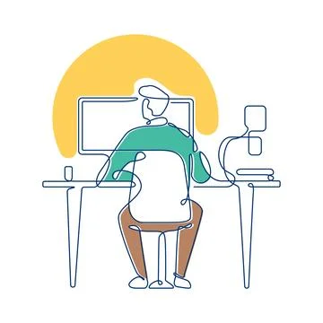 Businessman Sitting Working in Workspace Using Laptop Filled Continuous Lin.. Stock Illustration