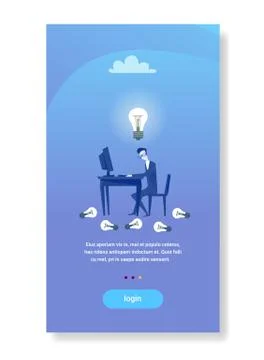 Businessman sitting workplace working computer light bulb new idea startup イラスト素材
