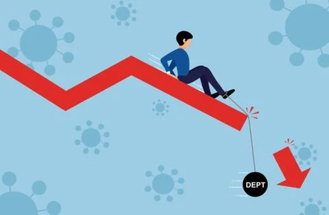 Businessman sliding down on the falling graph with pendulum with message 'deb Stock Illustration